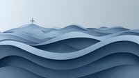 Minimalist layered paper art landscape with Christian cross on hilltop, featuring flowing curves in monochromatic blue tones creating peaceful spiritual atmosphere.