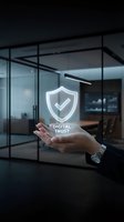 Businesswoman holding glowing shield icon with checkmark and digital trust text in modern office environment, representing cybersecurity and data protection solutions.