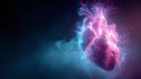 Glowing anatomical heart with vibrant pink and blue energy waves against dark background, representing cardiovascular health or emotional concept.