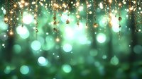 Magical emerald green bokeh background with hanging golden lights and sparkles creating dreamy festive atmosphere for holiday designs and celebrations.