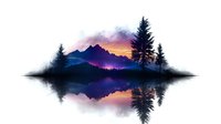 Dramatic mountain landscape with pine trees silhouetted against vibrant sunset sky, creating mirror reflection on calm lake surface with misty atmospheric effect.