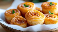 Fresh baked sweet spiral buns with honey glaze and mint garnish on white plate, close up view showing flaky pastry texture and golden brown surface.