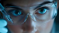 Young female scientist with blue eyes wearing safety goggles in laboratory conducting research experiment with futuristic lighting effects.