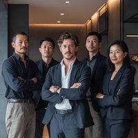 Confident diverse business team of five professionals standing with crossed arms in modern office interior with warm lighting and contemporary design.