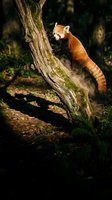 Adorable red panda climbing moss-covered tree trunk in natural forest habitat. Cute endangered mammal with fluffy tail exploring woodland environment.