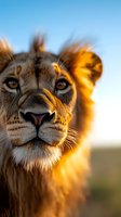 Close-up portrait of majestic lioness with golden mane illuminated by warm sunset light against blue sky background for wildlife photography projects.