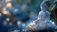 Serene Buddha statue in meditation pose on lotus flower with soft bokeh lights creating peaceful spiritual atmosphere for wellness and mindfulness practices.