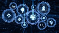 Business strategy concept with interconnected gears containing icons for growth, innovation and success on digital technology background.