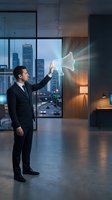 Caucasian businessman in suit touching glowing holographic megaphone in modern office with city view, digital marketing concept.