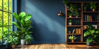 Cozy reading corner with wooden bookshelf, potted plants and sunbeams through window creating atmospheric lighting on dark blue wall and hardwood floor.