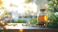 Glass jar with golden liquid and cork stopper surrounded by green leaves and soft bokeh lights creates serene natural wellness atmosphere.