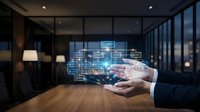 Digital network hologram emerging from businessman's hands in modern office with city skyline, representing data connectivity, technology innovation, and business solutions for corporate communications.