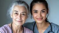 Senior Asian woman and young female medical worker in scrubs sharing tender moment together, expressing care and support in healthcare setting.