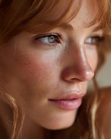 Close-up portrait of young Caucasian woman with freckles and natural makeup. Soft lighting highlights skin texture and brown hair for beauty campaigns.