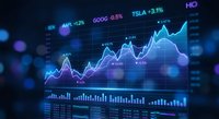 Financial market data visualization with glowing blue stock charts, trading graphs and analytics dashboard displaying upward trends for investment analysis.