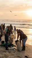 Group of diverse volunteers cleaning beach at golden hour sunset with seagulls flying overhead, environmental conservation and community service concept.