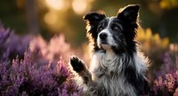 Border collie dog sitting in blooming heather field during golden hour sunset with warm bokeh background for pet photography and outdoor lifestyle content.
