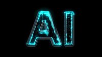 Glowing neon blue AI text symbol on black background with digital circuit pattern effect. Modern technology concept for artificial intelligence and machine learning.