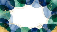 Abstract watercolor frame with blue and green circles, gold accents and dots on white background for elegant design projects and invitations.