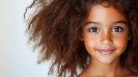 Young African American girl with natural curly afro hair and bright smile against white background, radiating joy and confidence in casual portrait.
