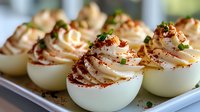 Halved boiled eggs filled with creamy mixture, topped with paprika and fresh herbs, arranged on a white plate for appetizer or party food presentation.