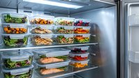 Organized refrigerator filled with meal prep containers holding fresh vegetables, proteins, and prepared dishes for weekly nutrition planning and healthy eating routines.