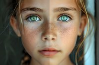 Close up portrait of young girl with bright turquoise eyes, natural freckles across nose and cheeks, and light brown hair in soft lighting creating dreamy atmosphere.