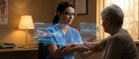 Female healthcare professional in blue scrubs consulting with elderly patient using holographic medical interface technology in warm clinical setting.