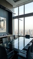 Modern executive boardroom with glass conference table and city skyline view through floor-to-ceiling windows for corporate meetings and business presentations.