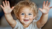 Cheerful Caucasian toddler with curly blonde hair and blue eyes raising hands up with excited expression, wearing light gray t-shirt against blurred background.