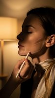 Young woman applying facial massage tool in warm evening light for skincare routine and wellness relaxation at home.