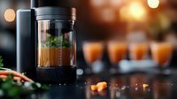 Modern electric coffee maker with glass brewing chamber and fresh ground coffee against blurred background of orange cups and warm bokeh lights.