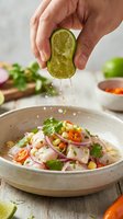 Hand squeezing fresh lime juice over ceviche bowl with raw fish, corn, red onion, cilantro and chili peppers. Cooking ingredient preparation.