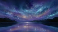 Tranquil lake reflects vibrant aurora borealis and starry night sky, with silhouetted mountains creating peaceful panoramic landscape in purple and blue tones.