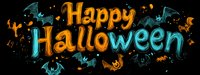Orange and blue glowing Happy Halloween text with flying bats on black background, spooky holiday lettering design with mystical decorative elements.