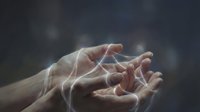 Mystical energy flowing from open palms with ethereal light streams and magical glow effects against dark atmospheric background for spiritual concepts.