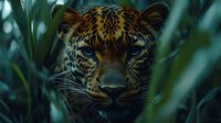 Close up portrait of spotted leopard face with intense blue eyes looking through tropical leaves in dark moody jungle atmosphere. Wildlife photography concept.