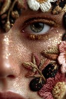 Close-up portrait of woman with golden glitter makeup and decorative autumn leaves on face. Fantasy art makeup look for seasonal beauty campaigns.