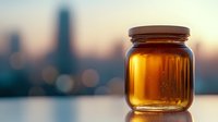 Golden honey jar glowing in sunset light against blurred urban skyline backdrop, creating warm ambient mood with natural sweetness and bokeh effect.