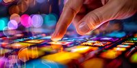 DJ mixing music on digital controller with colorful bokeh lights in nightclub. Close up of hands touching professional equipment for electronic dance.