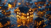 Glowing miniature house on circuit board with warm lights and bokeh effects creates magical atmosphere for real estate and smart home technology concepts.