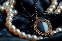 Vintage bronze pendant with black stone on dark silk fabric alongside luminous pearl necklace creates elegant jewelry still life composition.
