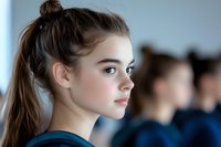 Young Caucasian female model with ponytail hairstyle and natural makeup in profile view against blurred background, wearing blue casual attire, expressing confidence and focus.