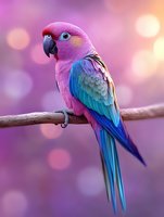 Pink and blue parrot perched on branch against dreamy purple bokeh background, vibrant feathers and bright blue eyes create magical tropical atmosphere.