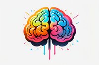 Colorful brain illustration with rainbow gradient and dripping paint effect on white background, representing creativity and cognitive function. Isolated design element.