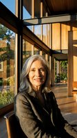 Mature woman with long gray hair and Caucasian ethnicity sits in modern glass-walled interior space, wearing dark blazer, natural daylight streaming through large windows, contemporary architecture background.