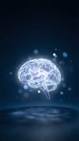 Glowing brain hologram floating in dark blue space with bokeh lights and particles for neuroscience, artificial intelligence and medical technology concepts.