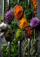 Vibrant spoons filled with colorful spices and herbs including turmeric, paprika, parsley, and peppercorns, surrounded by fresh herbs and garlic on dark background.