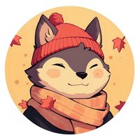 Cute cartoon fox wearing orange knit beanie and striped scarf, smiling with closed eyes against autumn background with falling maple leaves in round frame.