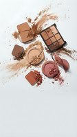 Broken makeup powder compacts and eyeshadow palette with scattered cosmetic dust on white background for beauty and fashion design projects.